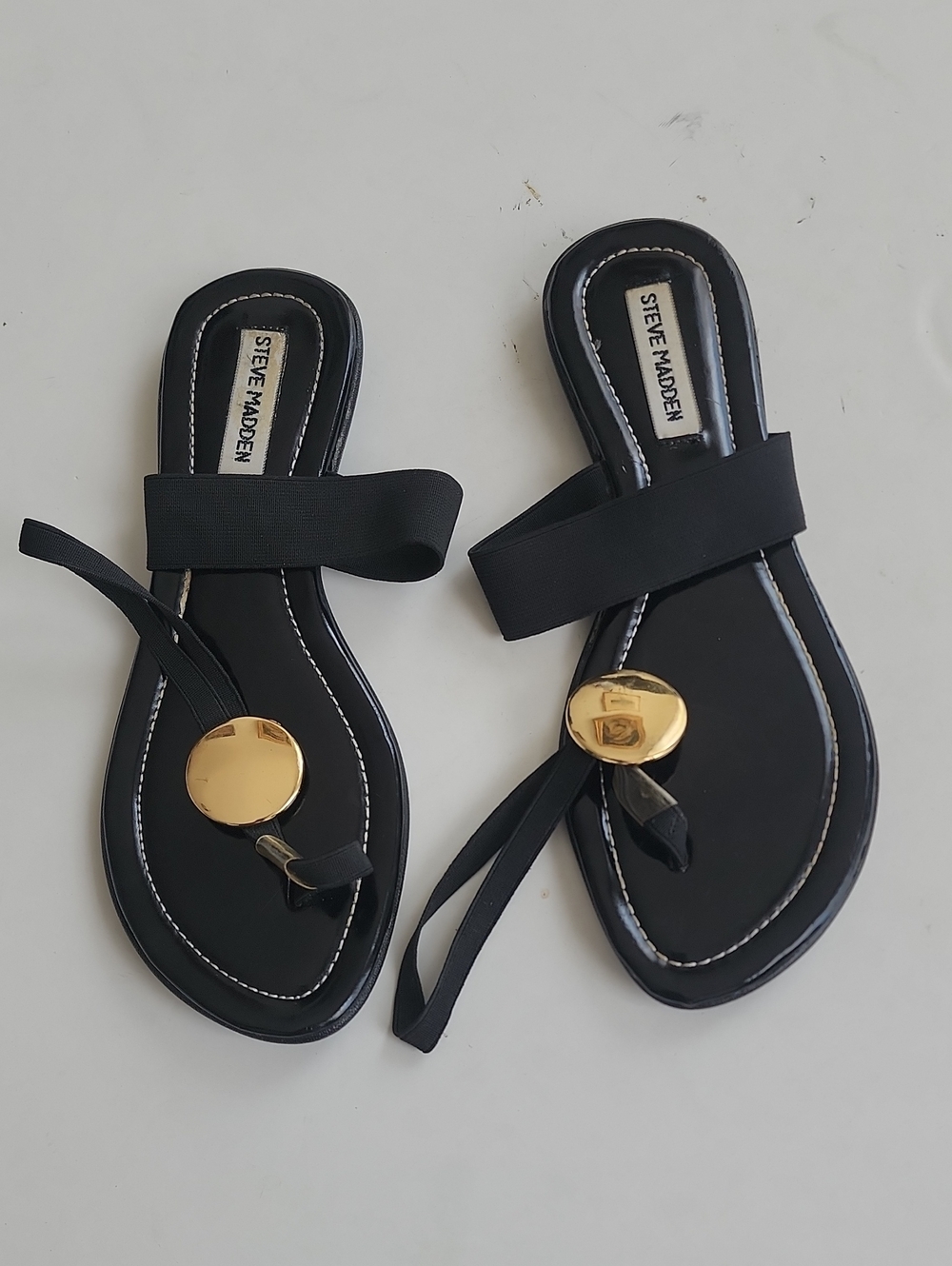 Steve Madden Black Sandals with Gold Disc Accent